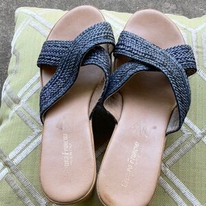 Navy blue straw criss cross.style sandal slide